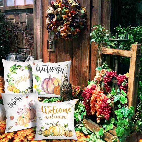 NEW Fall Decor Pillow Covers 18x18 Set of 4- Grateful, 2 Autumn, Welcome Autumn - Picture 9 of 11